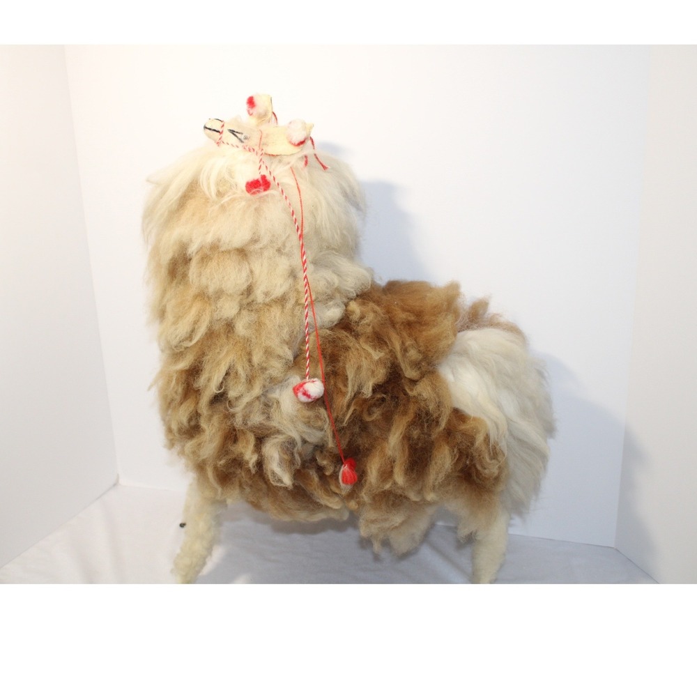 Vintage Peruvian Alpaca Fur Llama Figurine Large 19 Inch Shaggy Folk Art Decor